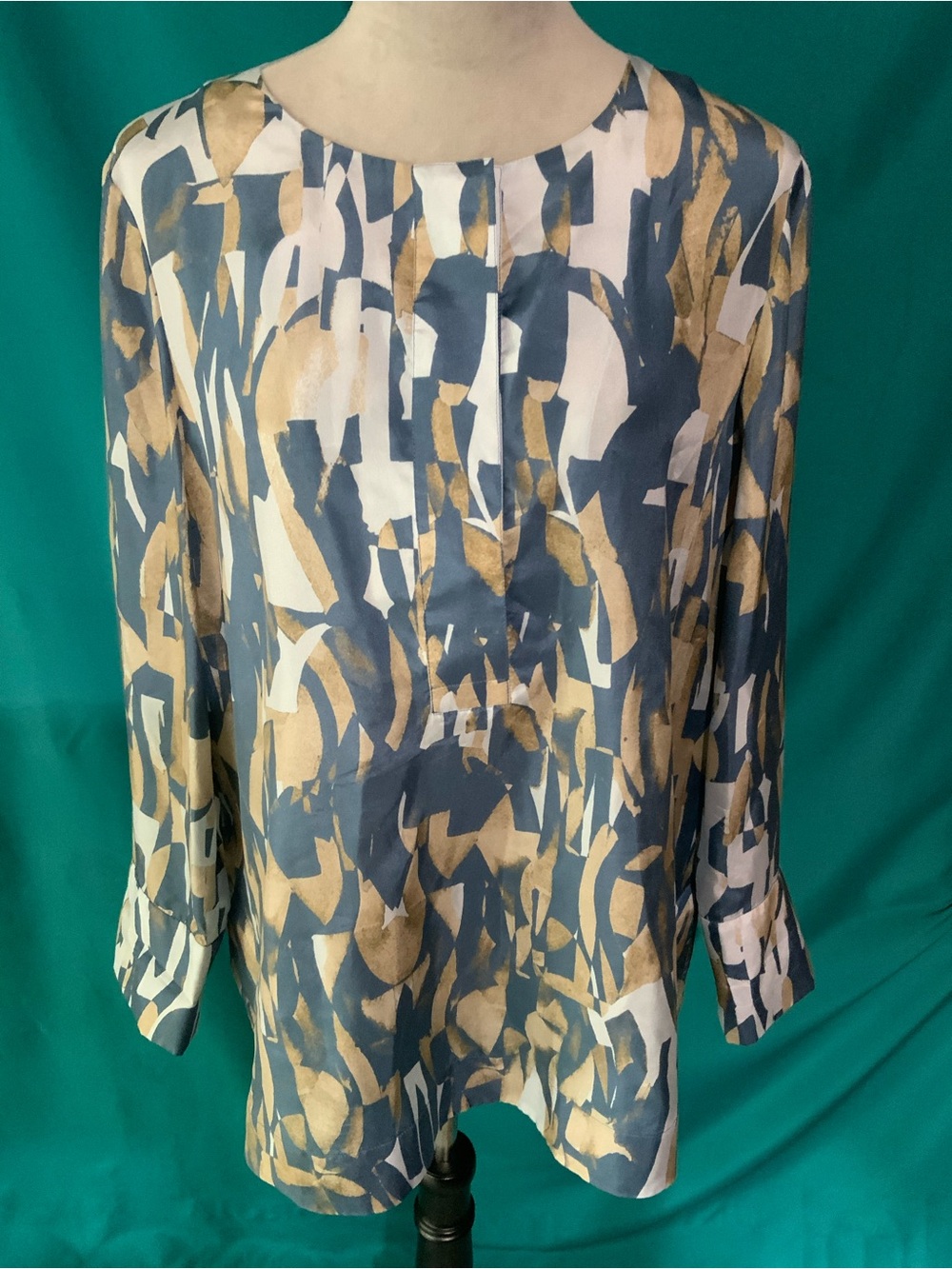 Lafayette 148 New York Abstract Brushstroke Silk Blouse in Blue and Taupe